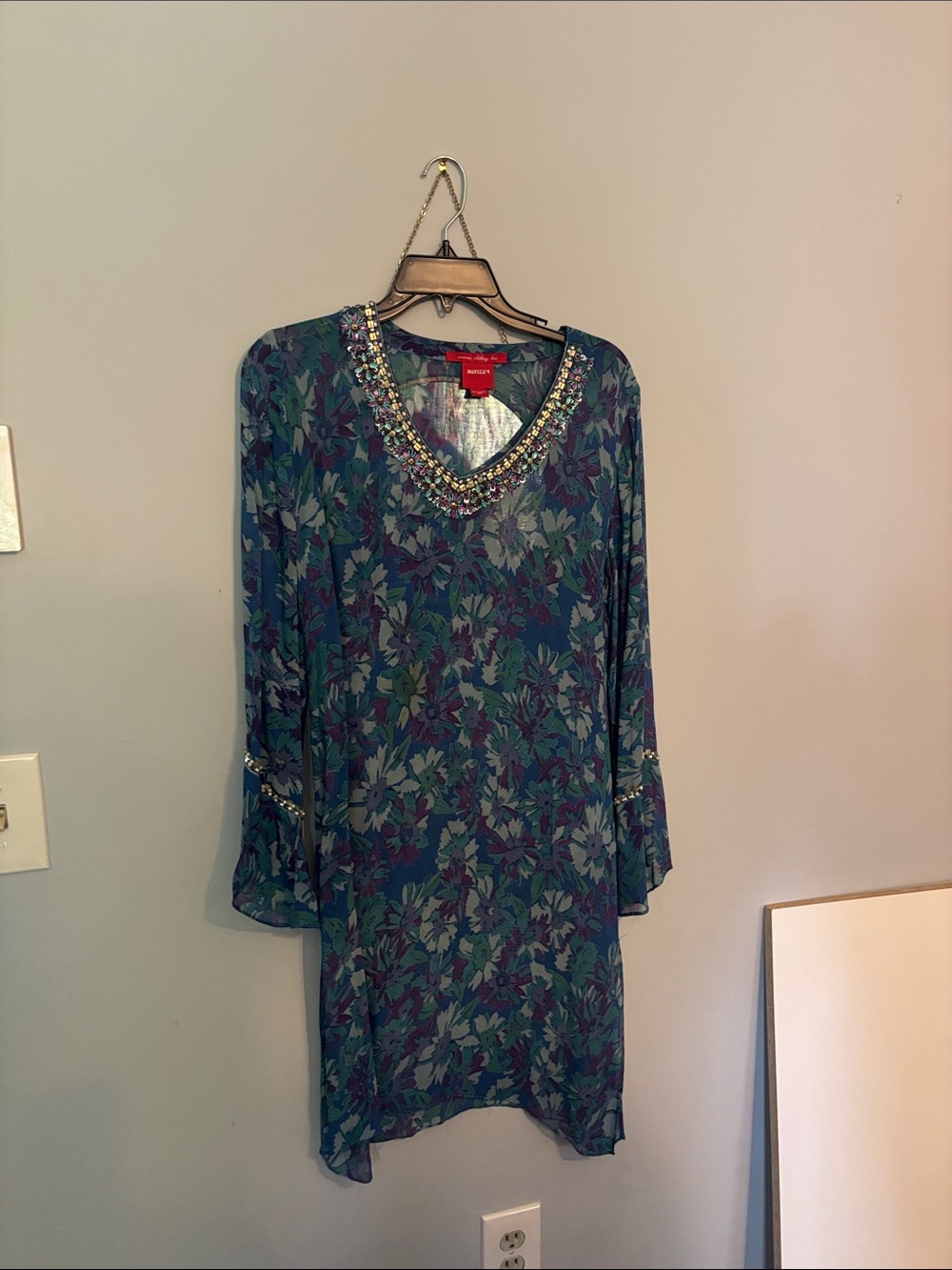 Beaded V-Neck Floral Tunic Dress in Teal and Purple